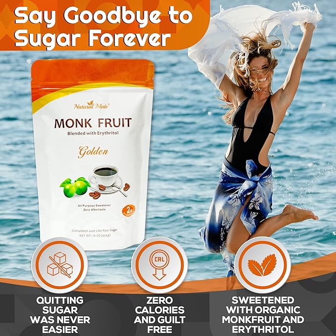 Monk Fruit Zero Calorie Sweetener (2x Sugar Sweet Golden) 16 oz - Granular Powder Blended with Erythritol - Sweet Natural Alternative to Xylitol and Stevia - Sugar Replacement for Keto Paleo Low G