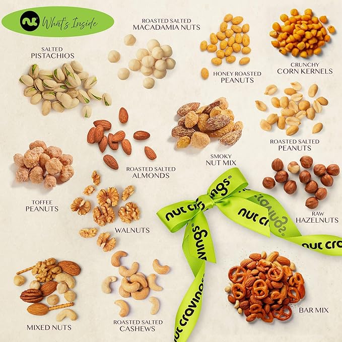 NUT CRAVINGS - Easter Mixed Nuts Gift Basket in Reusable Diamond Wooden Tray + Green Ribbon (13 Assortments) Ramadan Gifts Treats for Adults Healthy Snack Care Package Kosher