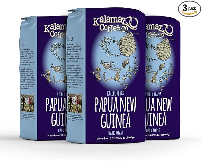 KALAMAZOO COFFEE COMPANY Papua New Guinea Whole Bean Coffee - Killer Beanz Dark Roast | 12oz Bag (3 Pack)