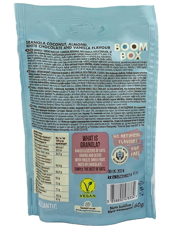 BOOM BOX Coconut Almond White Chocolate and Vanilla Oat Granola - 60g A Delicious Fusion of Flavors
