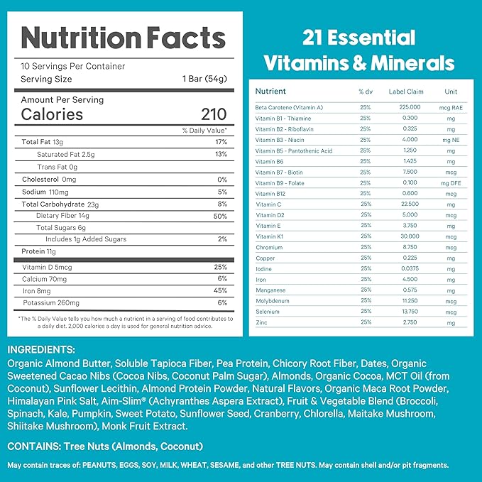 Meal Replacement Bar by LyfeFuel - Vegan Protein Bar Packed with Organic Superfoods Fiber &amp 21 Essential Nutrients from 100% Plant Based Whole Foods (Fudgy Brownie - Box of 10) Gluten Free Paleo