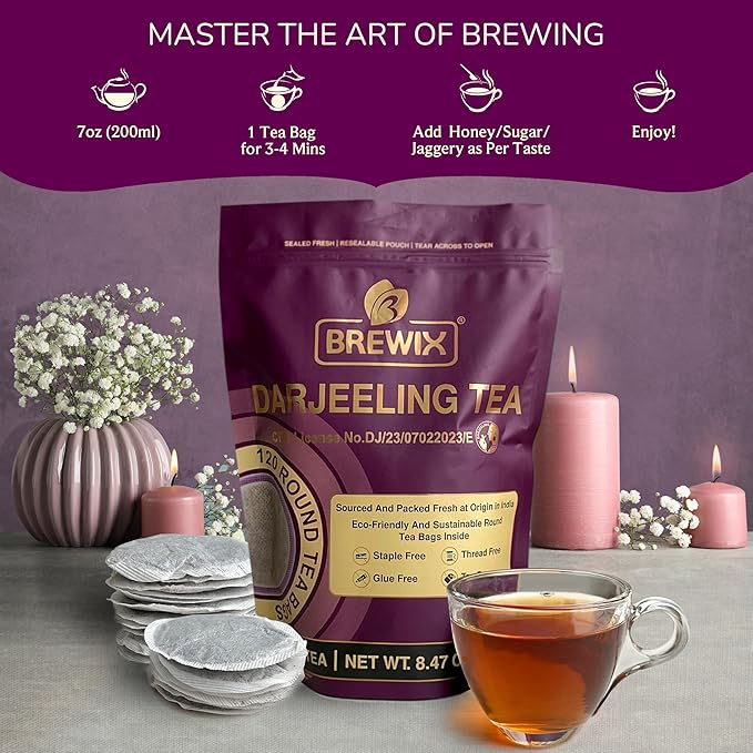 BREWIX Darjeeling Black Tea Bags From Himalayas (120 Round Tea Bag) | Caffeinated | Breakfast Tea
