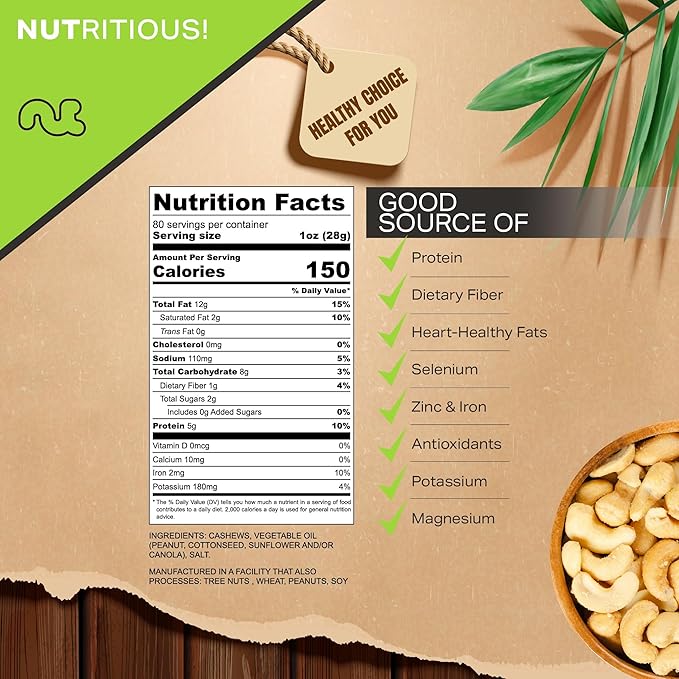 NUT CRAVINGS - Roasted Cashews Slightly Salted - Jumbo Whole (80oz - 5 LB) Packed Fresh in Resealable Bag - Nut Snack - Food Assortments