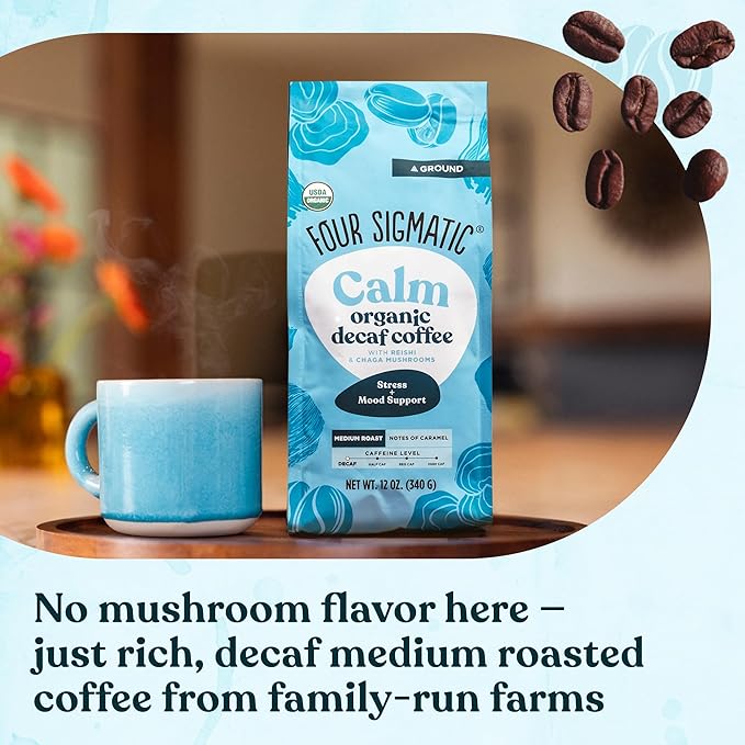 Four Sigmatic Calm Organic Decaf Ground Coffee | Swiss Water Decaf Coffee with Chaga &amp Reishi Mushroom Extracts | 12oz Bag(Pack of 2)