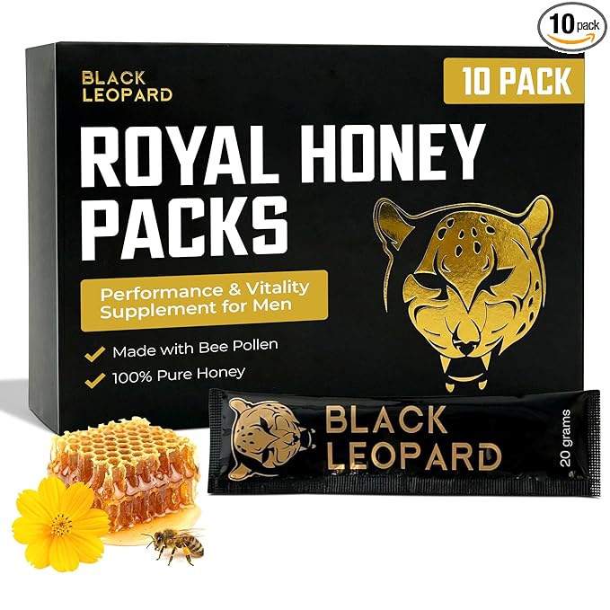 Black Leopard Honey Packs Pure Honey Sachets with Bee Pollen Single Serve Honey Packets for Natural Energy and Daily Vitality 20 Gram Sachets Pack of 10