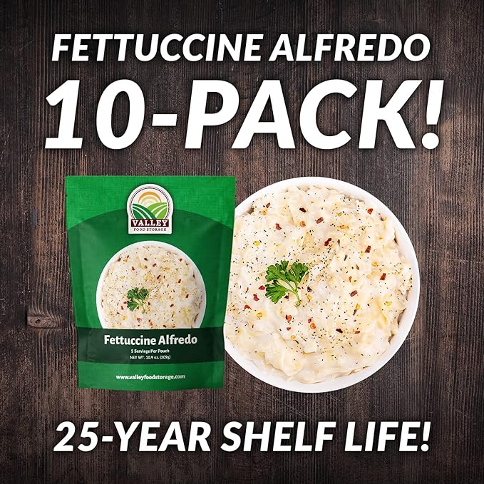 Valley Food Storage Fettuccine Alfredo | 10-Bag Bucket 50 Servings | Premium Emergency Food Supply 25 Year Shelf Life | Survival Meal Kits Prepper Food Camping &amp Long Term Food Storage | Packa