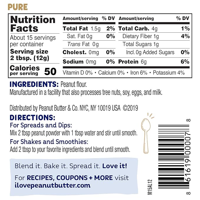 Peanut Butter &amp Co. Pure Peanut Powder 6g Protein No Sugar Added 90% Less Fat Non-GMO Project Verified Vegan &amp Gluten Free Powdered Peanut Butter 6.5 oz Jars (Pack of 6)