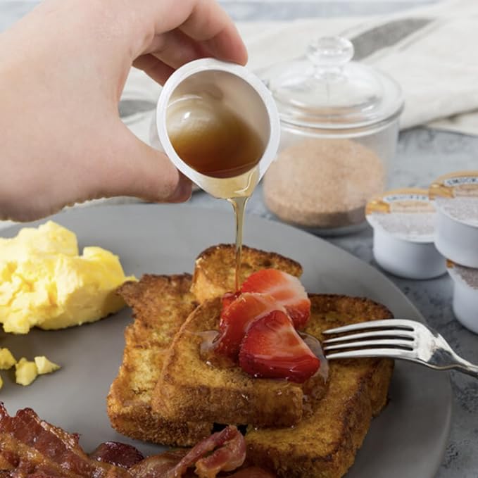 Sugar free breakfast topping low calorie sweetener portion control cups 1.1 oz 40 count keto friendly diabetic syrup alternative travel size perfect for pancakes and waffles.