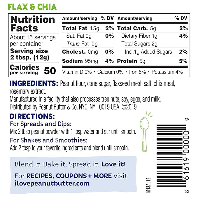 Peanut Butter &amp Co. Flax &amp Chia Peanut Powder Non-GMO Project Verified Gluten Free Vegan 6.5 Ounce Jars (Pack of 6)