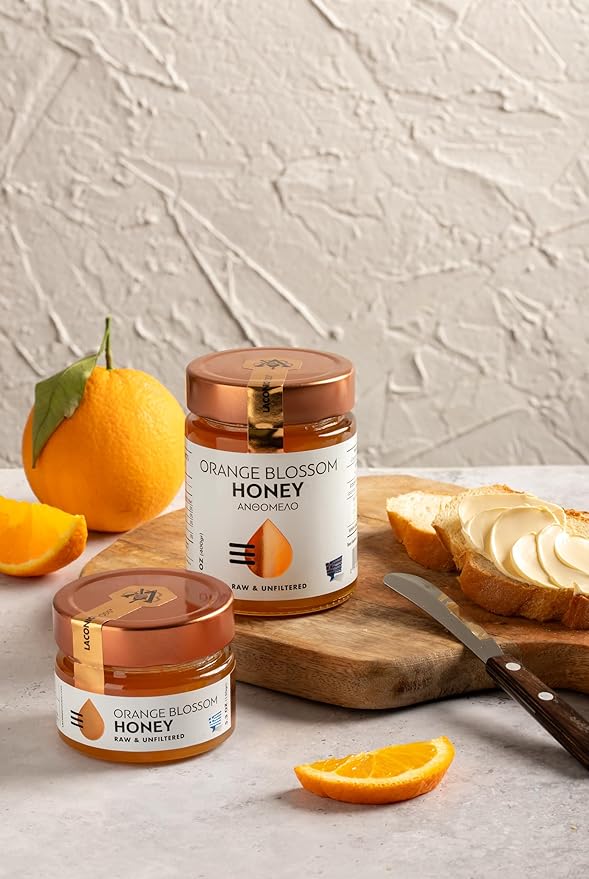 Laconic Foods | Orange Blossom Honey | Raw &amp Unfiltered Greek Citrus Honey | Single-Origin from Laconia | Woman-Owned NON-GMO | 315g