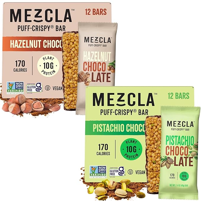 Mezcla Puff Crispy Protein Bars Gluten Free &amp Vegan Protein Bars 10g Protein Granola &amp Breakfast Bars Healthy Snacks for Adults Matcha Vanilla (12 Pack) and Hazelnut Chocolate (12 Pack) B