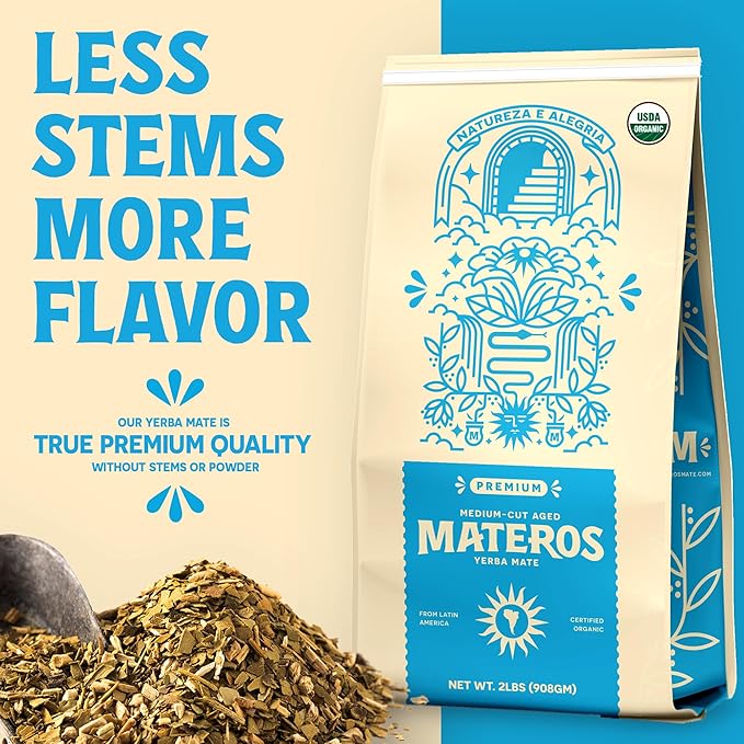 Materos Premium Loose Leaf Yerba Mate Tea - Organic Unsmoked Smooth Traditional Taste from South Brazil - Medium Cut Ideal Hot Drink for Cold Weather Pure Natural Energy &amp Focus - 2 LBs