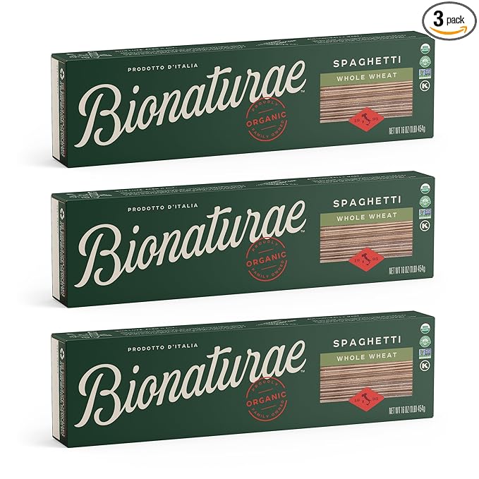 Bionaturae Spaghetti Pasta Noodles - Whole Wheat Pasta Kosher Certified High Protein Non-GMO USDA Certified Whole Wheat Spaghetti Spaghetti Pasta Organic Crafted in Italy - 16 Oz 6 Pack