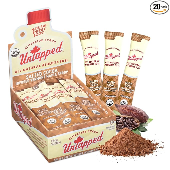 UnTapped Salted Cocoa Infused Vermont Maple Syrup Packets for Athletes Box of 20-1 fl oz Each | Pure Maple Syrup with Rich Cocoa Extract and Sea Salt | Fuel to Keep You Running Longer