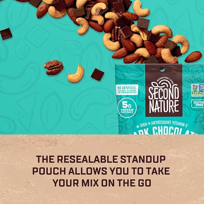 Second Nature Dark Chocolate Medley Trail Mix 4.5 oz. Resealable Pouch (Pack of 12) – Certified Gluten-Free Snack Mix – Dark Chocolate and Nut Trail Mix Ideal for Quick Travel Snacks or Lunch Snacks