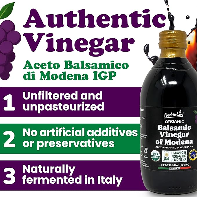Food To Live Organic Balsamic Vinegar of Modena 500 ml – Italian Unfiltered Unpasteurized Aceto Balsamico di Modena IGP Non-GMO Vegan (Pack of 6)