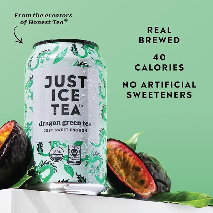 Just Ice Tea Dragon Green Iced Tea 12-Pack (12oz Cans) Green Tea USDA Certified Organic Real Brewed Low Calorie No Artificial Sweeteners Fair Trade Made in USA.