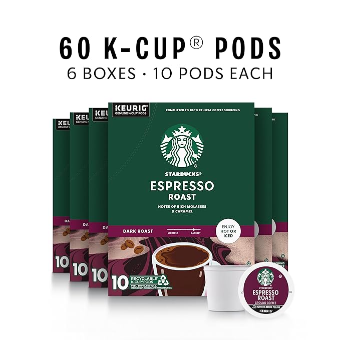 Starbucks K-Cup Coffee Pods Dark Roast Coffee Espresso Roast for Keurig Coffee Makers 100% Arabica 6 Boxes (60 Pods Total)