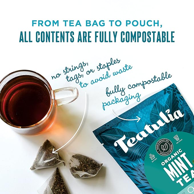 Teatulia Organic Mint Tea Bags (50 Pyramid Sachet Teabags) Sustainably Grown Spearmint + Peppermint in Washington USA. Herbal Caffeine-Free Blend