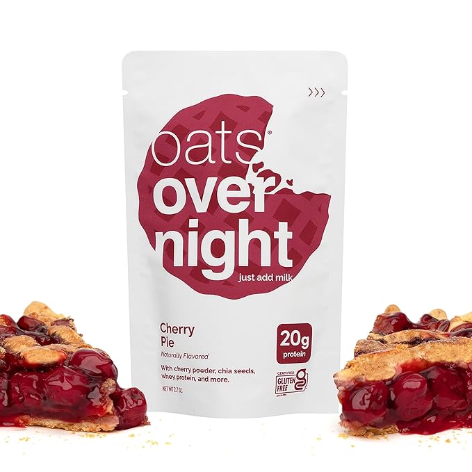 Oats Overnight Cherry Pie - Overnight Oats with 20g Whey Protein High Fiber Breakfast Protein Shake - Gluten Free Oatmeal Non GMO High Protein Oatmeal (2.7 oz per Meal) (8 Pack + Bottle)