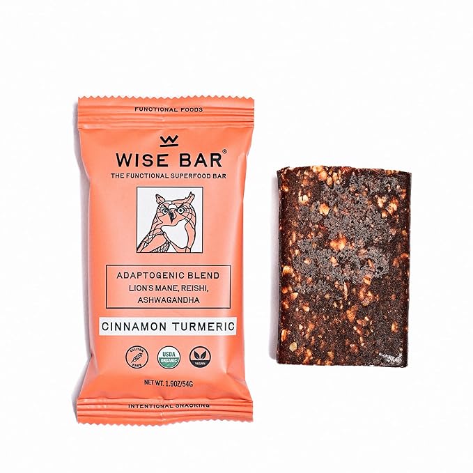 WISE BAR Adaptogen Mushroom Nutrition Bars with Reishi Lions Mane &amp Ashwagandha Organic Vegan &amp Gluten Free Snacks for Natural Focus Energy &amp Immunity Support Cinnamon Turmeric Flavor