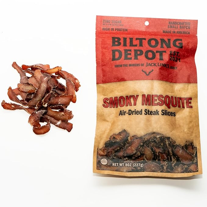 Biltong Depot Smoky Mesquite Biltong Slices - 8oz | Air-Dried Beef Jerky Snack | High Protein | Paleo &amp Keto Friendly | Zero Sugar | Gluten Free | No Artificial Preservatives | No MSG