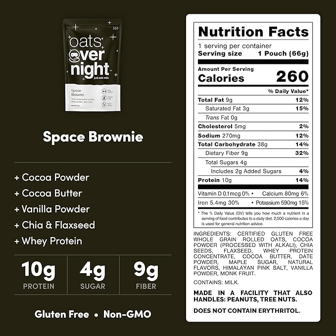 Oats Overnight Space Brownie - Overnight Oats with 10g Whey Protein High Fiber Breakfast Protein Shake - Gluten Free Oatmeal Non GMO High Protein Oatmeal (2.3 oz per Meal) (8 Pack)