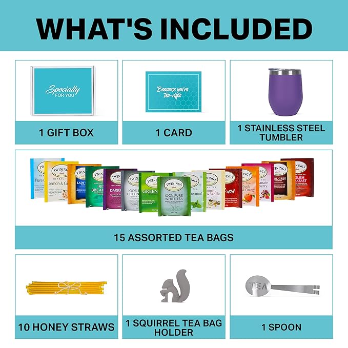Modern Elegance Tea Gift Set Includes 15 Teas Stainless Steel Tumbler Honey Straws Tea Spoon Squeezer Squirrel Tea Bag Holder (Purple)