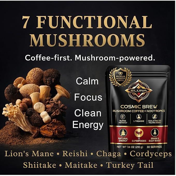 Eluna Mushroom Coffee – 7 Mushroom Blend with L-Theanine – Smooth Creamy Taste Calm Energy – Low Caffeine – 30 Servings
