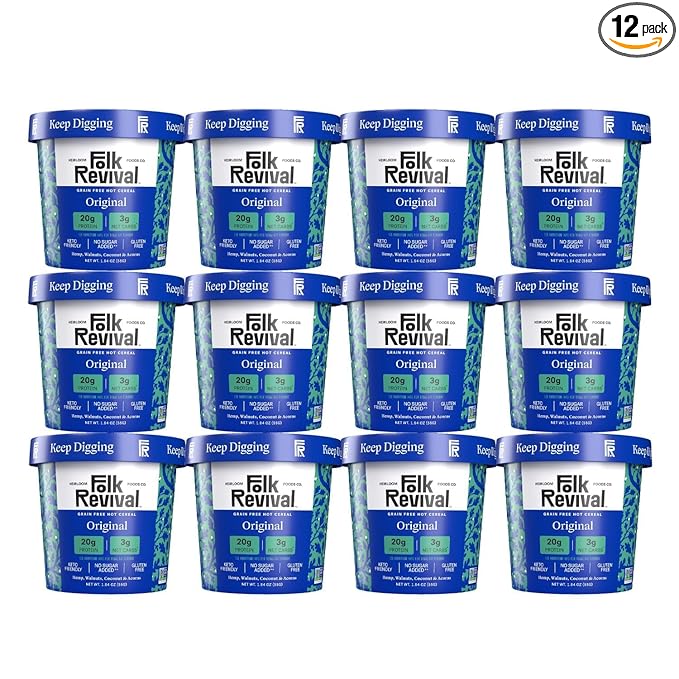 Folk Revival Original Keto Instant 'Oatmeal' - 20g Protein 3g Net Carbs High Fiber Non GMO Gluten Free Made with Acorns - 12 Cups Per Case