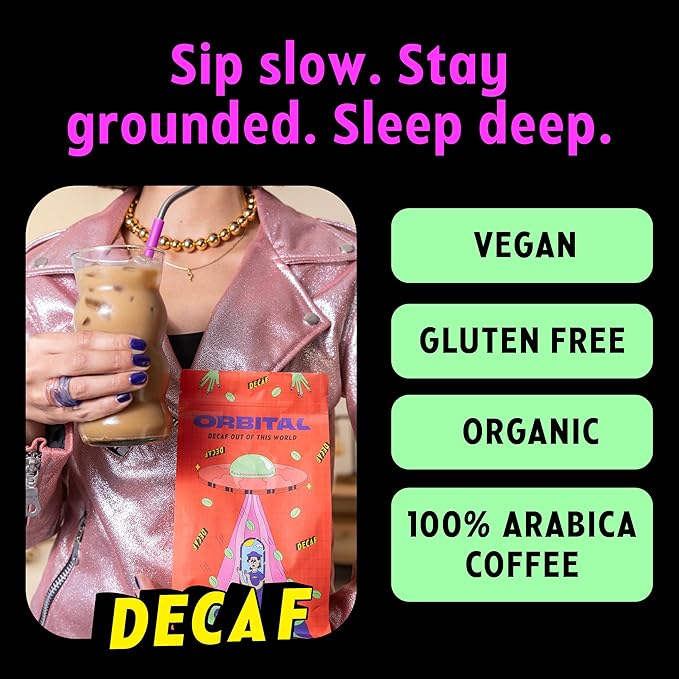 Organic USD Certified Swiss Water Process Decaf Whole Bean with tasting notes of Peach Nectarine Blackberry &amp Lime. Experience Orbital's Full-bodied clean and sweet brown sugar finish - 12 Oun