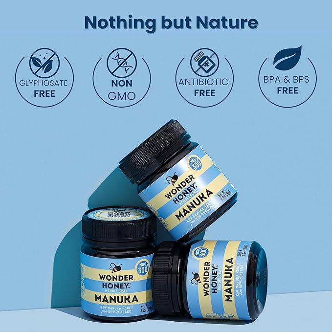 Wonder Honey Raw Manuka Honey New Zealand MGO300 (10+) Tested for 26 Markers Traceable Natural Soothing for Sore Throat Cough - Aids Digestion - Triple Sealed for safety in a Protective Box (1.1lb)