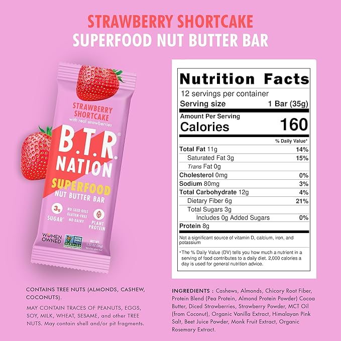 B.T.R. Nation Vegan Superfood Protein Bars - Strawberry Shortcake VITALITY | 12 Bars | Keto Plant Based and Gluten Free Low Carb Sugar Alcohol Free &amp Boosted with Powerful Superfood!