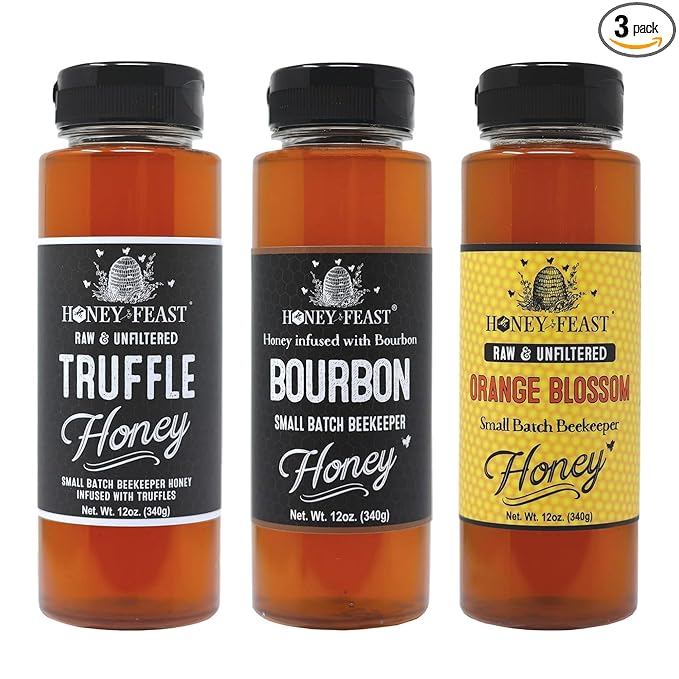 HONEY FEAST Gourmet Honey Trio Gift Set – Includes 12oz Truffle Bourbon and Orange Blossom – Perfect for Cooking Charcuterie Tea and Gifting