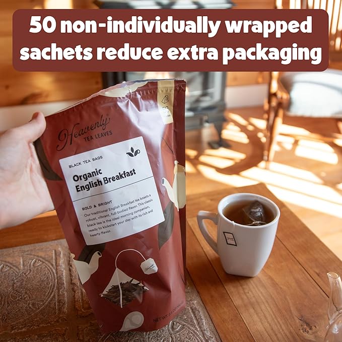 Heavenly Tea Leaves Organic Jasmine Green (50 Pyramid Tea Bags) Bulk Compostable Green Tea Sachets - 100% Plastic Free Premium Quality Whole Tea Leaves in a Convenient Tea Bag