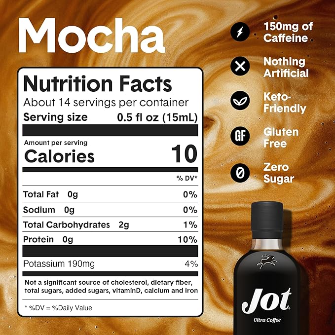 Jot Coffee Concentrate (Mocha) High Caffeine Cold Brew Coffee Concentrate Liquid for Iced Coffees Instant Espresso Hot or Cold Instant Coffees - Makes 14 Cups 150mg Caffeine/Tbsp Sugar Free