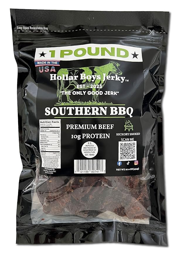 Hollar Boys Snacks Southern BBQ Beef Jerky One Pound Resealable Bag Low Carb USA Made