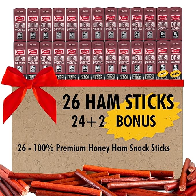 Jerky.com Honey Ham Pork Jerky Snack Sticks 26 Pack (24 + 2 Bonus) | 5g Protein 90 Calories Gluten-Free Individually Wrapped Keto Friendly Low Carb Snack | Delicious Sweet &amp Savory Jerky Meat