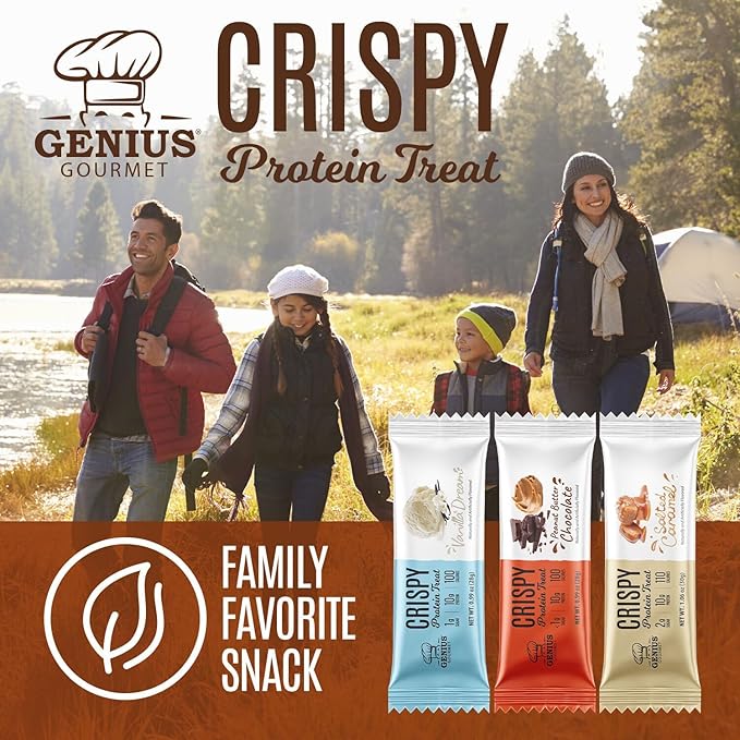Genius Gourmet Crispy Protein Treat Salted Caramel Keto Snack Low Carb Low Sugar &amp Gluten Free Protein Snacks for Adults 10G of Whey Protein per Protein Bar 5 Net Carbs On The Go Snack 20