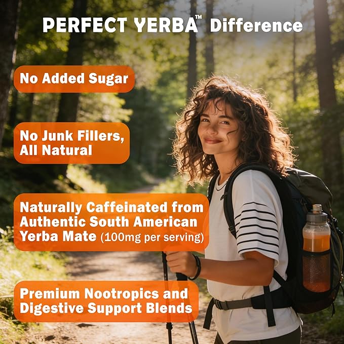 Perfect Yerba Instant Yerba Mate Tea Powder Drink – Orange Tangerine – Clean Energy + Focus + Gut Support (100mg Natural Caffeine Lion’s Mane L-Theanine Prebiotic + Probiotic + Enzymes) – 0g Sugar