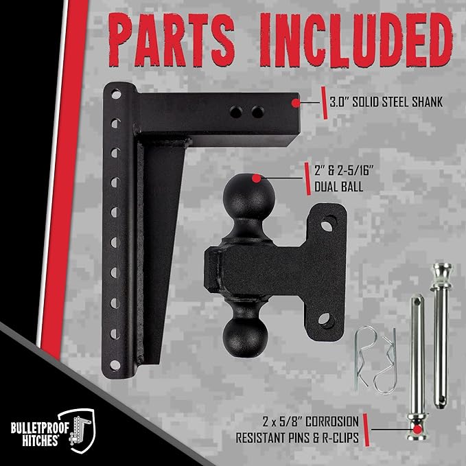 BulletProof Hitches - 3.0 Adjustable Heavy Duty Trailer Hitch (22000 lb. Rating) - 14 Drop/Rise Trailer Hitch with 2 &amp 2-5/16 Dual Ball - Powder Coat Solid Steel Corrosion-Resistant