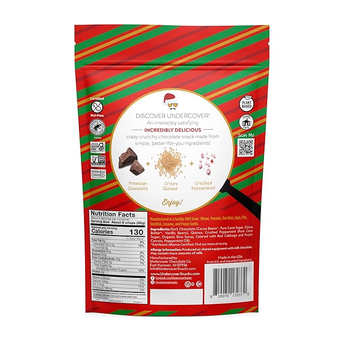 Undercover Snacks Chocolate Quinoa Crisps - Dark Chocolate + Peppermint | 7-Pack 3oz Bags of Mini Crisps | Gluten Free Nut-Free Allergen Friendly Kosher Plant-Based