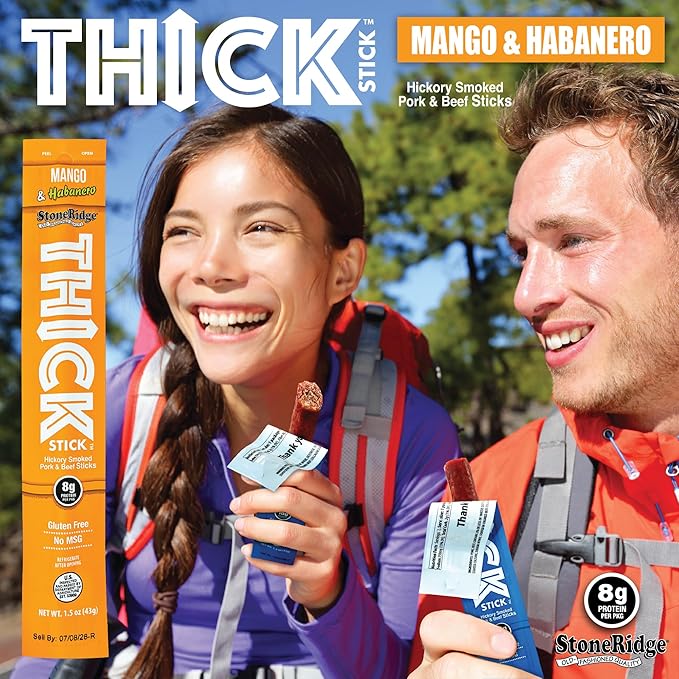 THICK STICK - STONERIDGE OLD-FASHIONED QUALITY MANGO &amp HABANERO - Hickory Smoked Pork and Beef Snack Sticks Gluten Free No MSG 15 Count THICK 1.5 oz Sticks High Protein Soy Free 15 Count