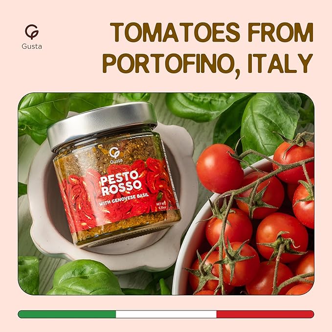Authentic Italian Imported Sun-Dried Tomato Red Pesto Sauce - All-Natural Creamy Gourmet Spread - Made with Basil Extra Virgin Olive Oil &amp Herbs - 180g Jar