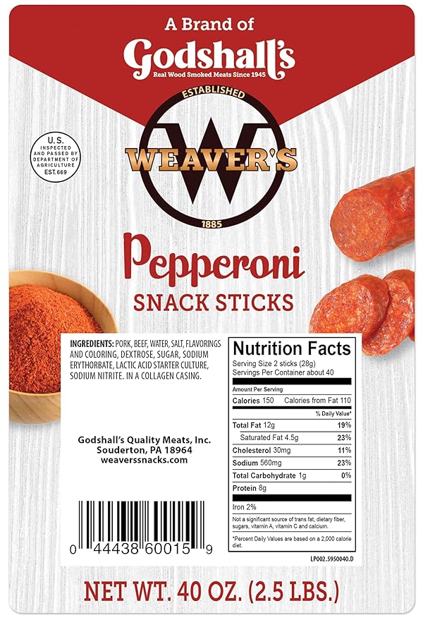 Weaver’s Pepperoni Snack Sticks (80 pepperoni flavored 7 pork snack sticks per 40oz bag)