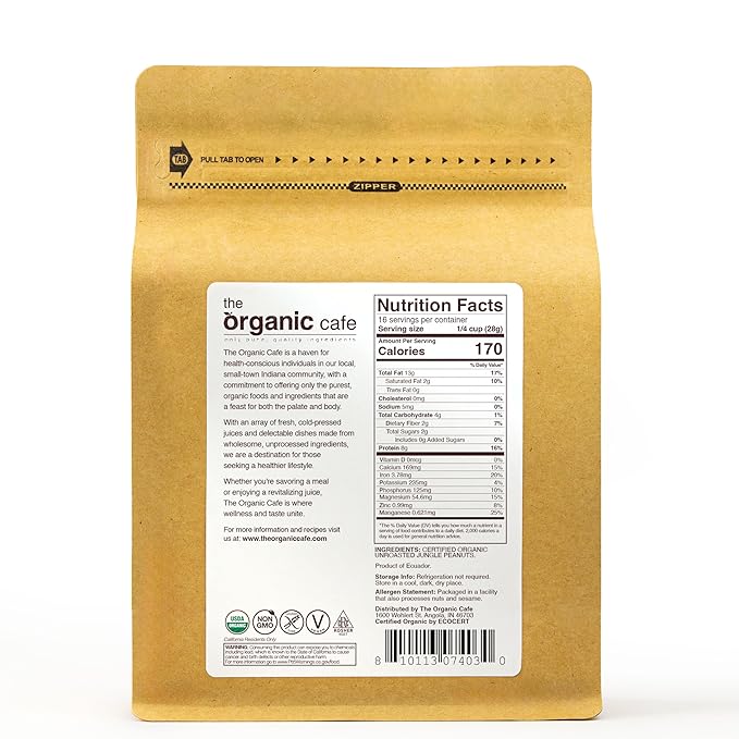 The Organic Cafe Organic Jungle Peanuts Wild Heirloom Variety - 16 ounce (1-pound) Non-GMO - Vegan - Kosher