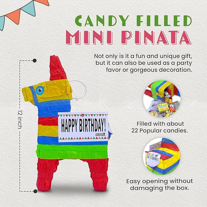 Cute 12” Donkey Pinata Pre-Filled with Assorted Quantities of Popular Candies and Attached Message Tag for Friends Family Children and More (Happy Birthday)