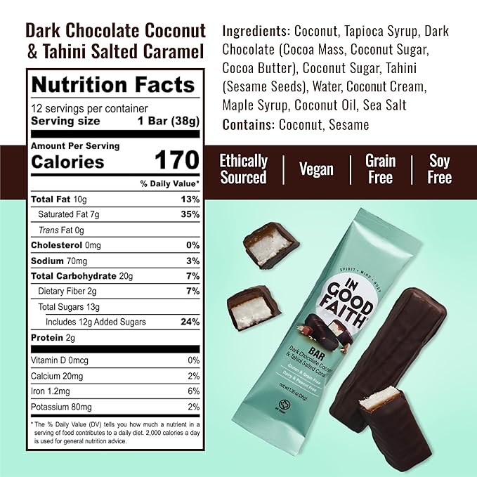 In Good Faith Dark Chocolate Coconut &amp Salted Caramel Bars Healthy Gluten Free Vegan Dairy Free Chocolate Bars (12 pack)