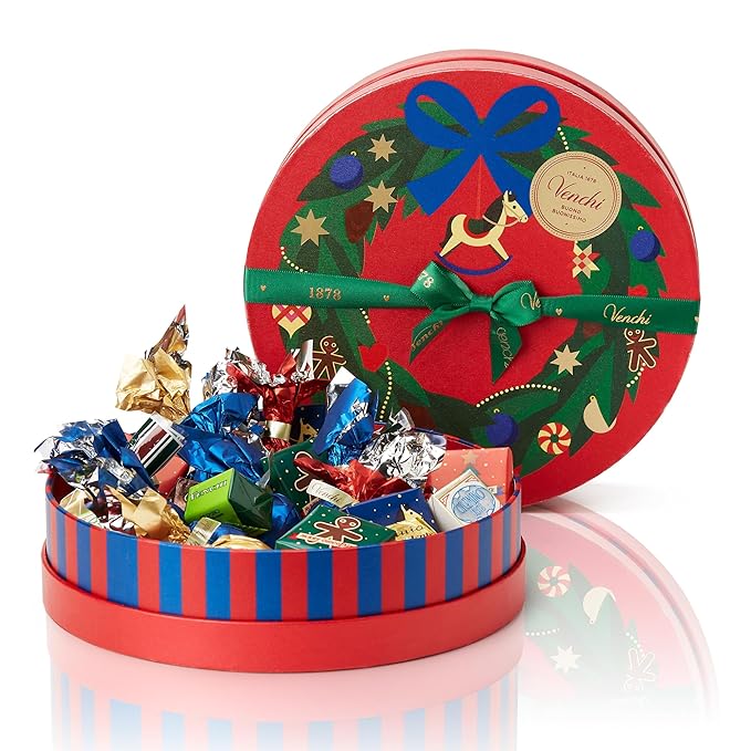 Venchi Medium Christmas Hatbox Gift with Assorted Chocolates with “Piedmont Hazelnut” Limited Edition 9.70 oz Gluten-Free Gift Idea
