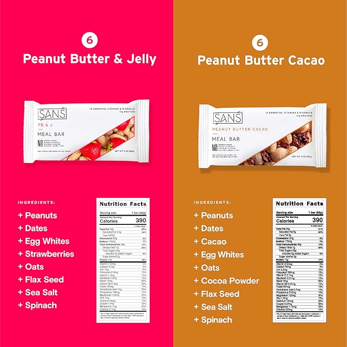 SANS Meal Replacement Protein Bar | All-Natural Nutrition Bar With No Added Sugar | Dairy-Free Soy-Free and Gluten-Free | Essential Vitamins and Minerals (Peanut Butter Lovers 12 Pack)